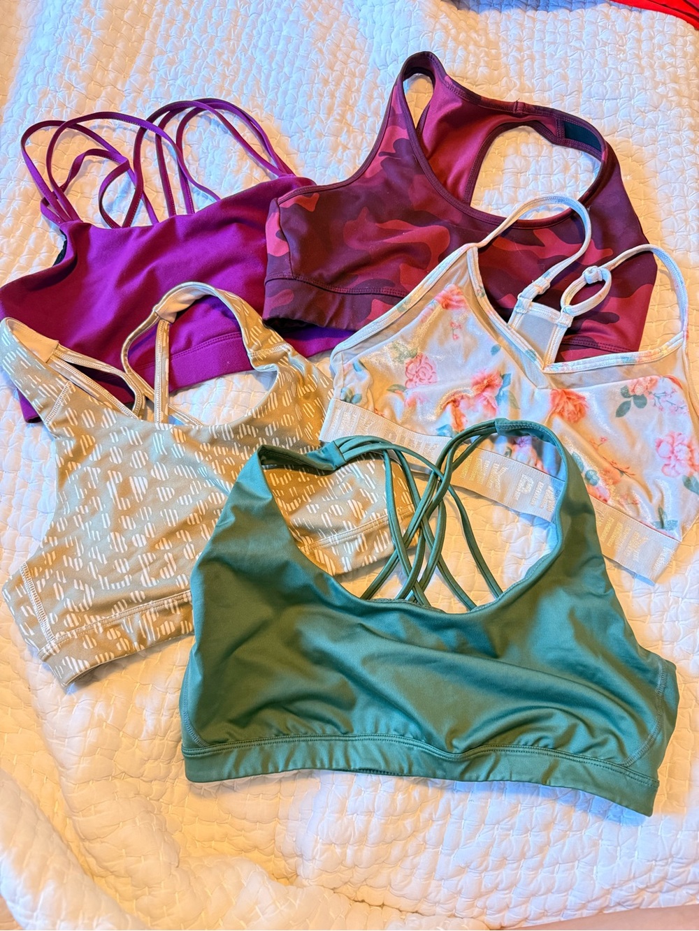 Women’s Strappy Sports Bras Pack - Green, Magenta, Plum, Floral, Cream (M)